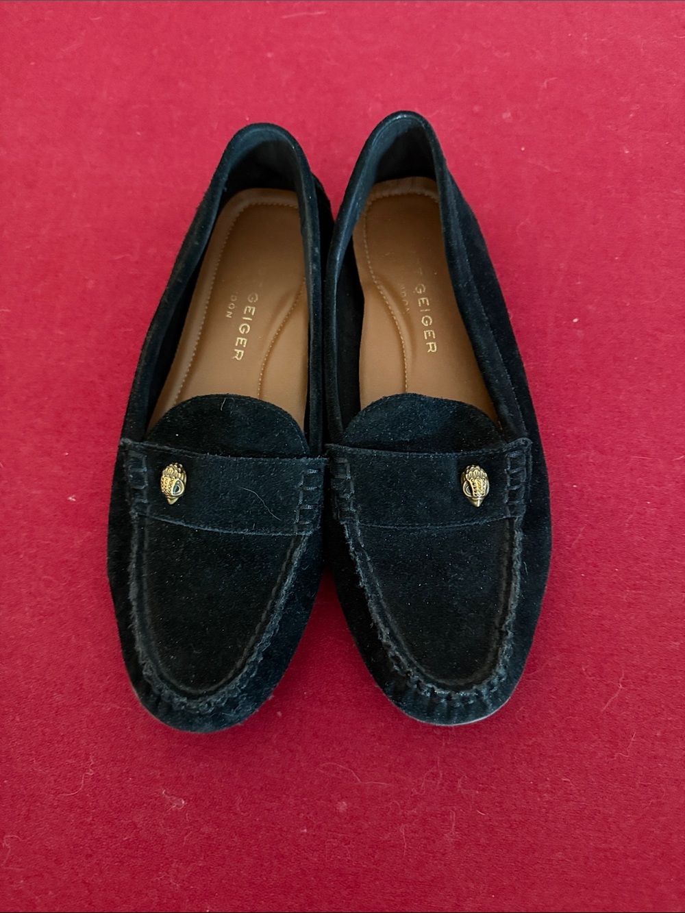 Kurt Geiger Black Suede Loafers with Gold Accent